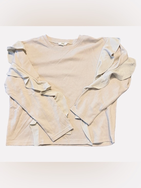 easel Tops - Easel Ruffle-Accent Long Sleeve Top Sweatshirt in Light Cream